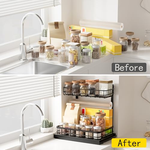 Under Sink Organizer, Adjustable Height Pull-Out Kitchen Storage Organization,15.8" x 11.8" x 16.5", 2-Tier Kitchen Shelf, Bathroom Drawer Organizer, 2 Pack|Black - color: Black, size: B 2 Pack