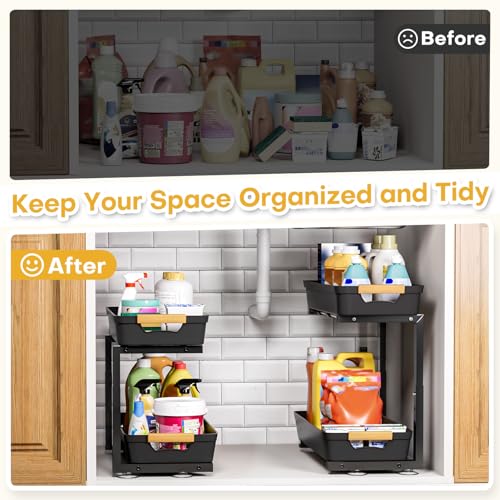 Homde 2-Tier Under Sink Organizer: 2pcs Set Adjustable Pull Out Drawer Undersink Cabinet Storage Rack for Home Kitchen Bathroom