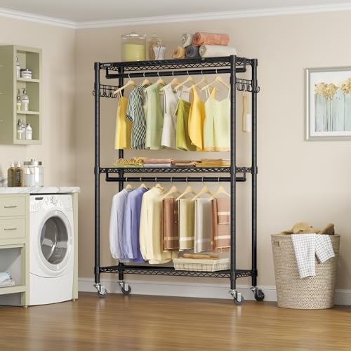 VIPEK R2 Plus Heavy Duty Rolling Garment Rack 3 Tiers Adjustable Wire Shelving Clothes Rack with Double Rods and Side Hooks, Freestanding Wardrobe Storage Rack Metal Clothing Rack, Black - color: Black, size: R2 Plus