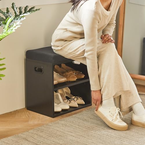 YMYNY Shoe Storage Bench with Cushion, 2 Tier Shoe Rack with Padded Seat, Adjustable Shoe Organizer Cabinet for Entryway, Living Room, Hallway, Closet, Bedroom, 15.4L*11W*16.54H, Black, UHBD028B - color: Black