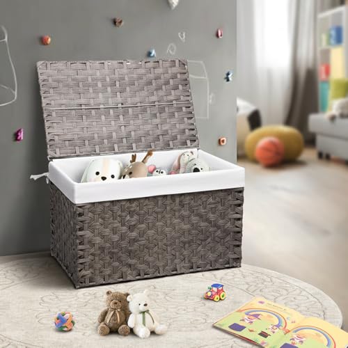 Wicker Storage Basket with Lid, 42.3 Gallon (160L) Large Blanket Basket with Lid, Woven Storage Bin with Handles, Removable Liner, Metal Frame, Foldable, for Bedroom, Laundry Room, Grey - color: Grey, size: 160L:17.7 x 29.9 x 18.1 Inches