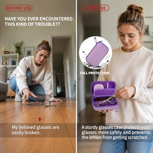 GWCASE Travel Glasses Organizer & Contact Lens Case - Adjustable Slots, Built-in Mirror, Tweezers, Solution Bottle & Hand Strap, Universal Fits Eyelasses/Sunglasses for Men & Women – Purple - color: Purple