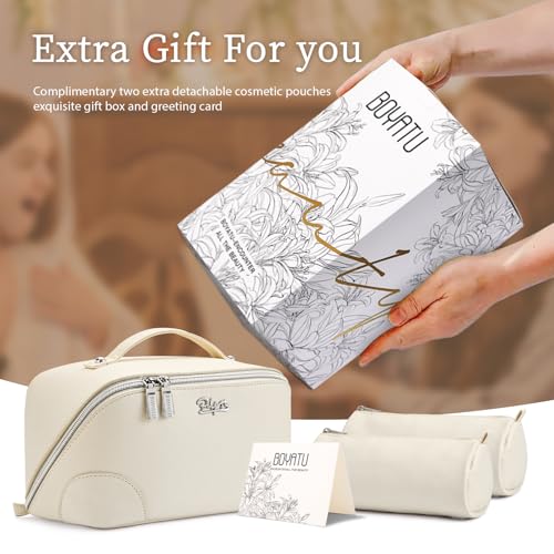 BOYATU Travel Makeup Bag Cosmetic Bags for Women: 3 Pcs Set Large Capacity Make up Bag with Handle - Waterproof Vegan Leather Toiletry Bags Travel Essentials with Compartments(C-3-White) - color: C-3-White
