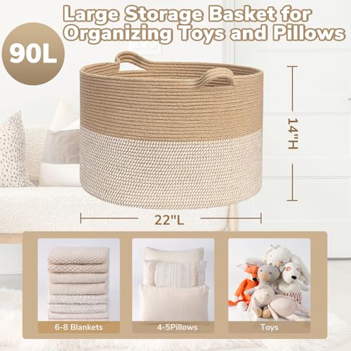 Goodpick Large Woven Storage Basket 21.7x13.8 Inch, White & Jute Laundry Hamper with Handles for Clothes, Blankets, Pillows, Blanket Basket for Living Room, Bedroom - color: White & Jute, size: 21.7x21.7x13.8 Inch (Pack of 1)