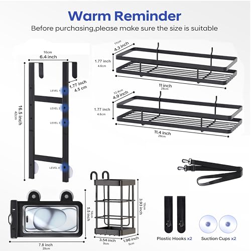 Over the Door Shower Caddy Hanging, Rustproof Shower Shelves with Waterproof Phone Pouch, 2-Tier Adjustable Bathroom Organizers and Storage, No Drilling Shower Shelf, Black Shampoo Soap Holder - size: 2 Tier