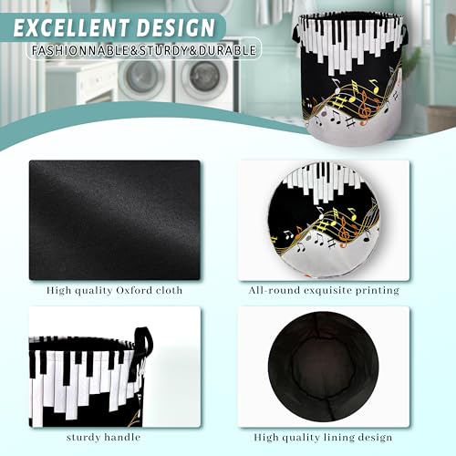 Piano Keyboard Laundry Basket Foldable With Handles Music Notes Tote Bag Oxford Cloth Colorful Laundry Hamper Clothes Storage Bucket Toy Organizer For Bathroom/Laundry/Bedroom 18.9"x16.5 " - color: Piano Keyboard With Music Notes