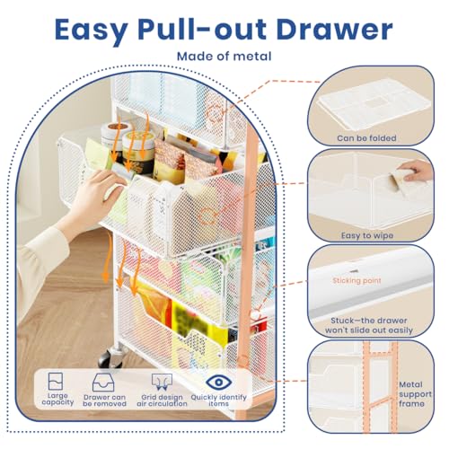 Goovilla Kitchen Cart with Drawers, 4 Tier Metal Rolling Utility Cart Organizer on Lockable Wheels with Wooden Top, White Fruit Vegetable Storage Rack Also for Cans, Snack, Craft, Art, Office, Beauty - size: White
