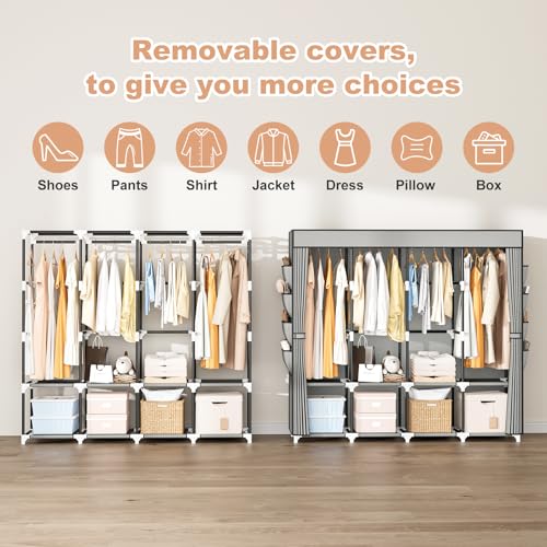 Portable Closet for Hanging Clothes, 67 Inch Wide Portable Wardrobe Closet with Cover, 4 Hanging Rod, Storage Shelves and Side Pockets, Large Free Standing Closet for Bedroom, Grey - color: Grey, size: 4 Row - 67'' Wide