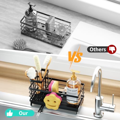 HapiRm Sponge Holder for Kitchen Sink - Self-draining Sink Caddy with Smiley Face and Brush Holder, Stainless Steel Kitchen Countertop Essentials and Gadgets - Black - color: Black, size: with Smiley Face Sponge Holder（single）
