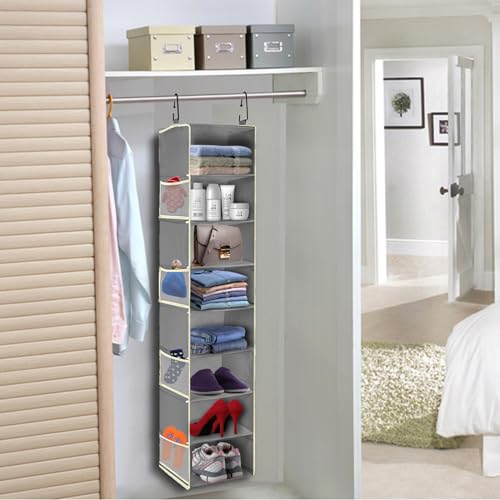 2 Pack Large-Sized Hanging Shoe Organizer 8-Shelf, Hanging Closet Organizer with 8 Side Pockets, Wider Hanging Shelves for Storage Shoes Clothes 9" W × 11.8" D× 48" H, Grey. - color: Grey - 2 Pack, size: 2 pack