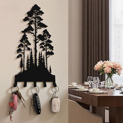 Key Holder Wall Mount with 5 Hooks Entryway Hanger for Car Key Ring Metal Keys Holder on wall Black Key Rack for Home Decor Offcie Appartment - color: Lofty and Dense Trees