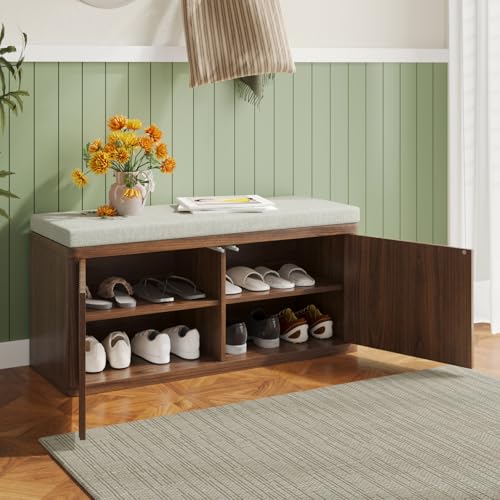 Shoe Cabinet Bench with Cushion,Double Layered Wooden Shoe Bench with Soft Cushion,Shoe Rack for Entryway,Bedroom,Living Room (Walnut Sturdy Entryway Bench) - color: Walnut Sturdy Entryway Bench