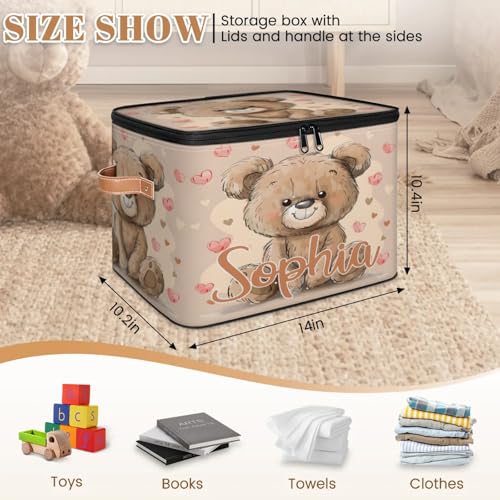 Custom Storage Basket with Name, Personalized Storage Bins with Zipper Lid, Foldable Fabric Storage Box Large capacity with Handle Love Bear - color: Option 25