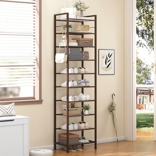usikey 10 Tiers Narrow Shoe Rack 20-30 Pairs, Sturdy Metal Tall Shoe Rack Shelf with 4 Hooks, Slim Shoe Storage with Metal Shelf, Space Saving Vertical Shoe Organizer for Entryway Bronze UNYXJX018A - color: 10 Tier ( 17.9 X 11 X 69.2 Inches)-bronze