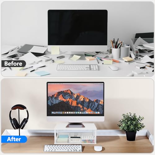 Small Laptop Stand for Desk, Monitor Stand Riser, Office Desk Accessories, Computer Desktop Stand with Drawer for Home, Office, School (White) - color: White