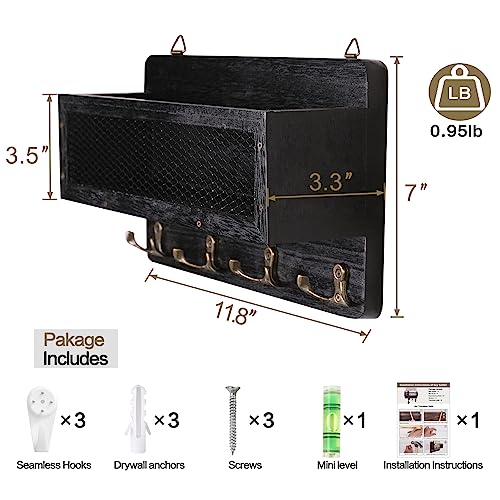 ADIIL Mail and Key Holder for Wall Decorative, Wooden Wall Mount Key Rack Hanger Organizer with 4 Double Key Hooks, Rustic Home Decor for Entryway Hallway, Black - color: Black