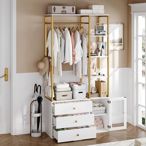 BOTLOG 2pcs Closet Organizer System, Wardrobe Closet with 3 Wooden Drawers, Clothes Rack with Hanging Rods and 4 Tiers Shelves, Garment Rack with Metal Frame, White and Gold