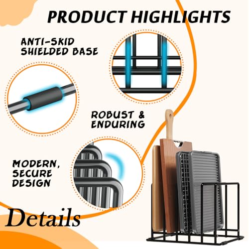 AKSONMN Baking Sheet Organizer Rack – 5-Slot Bakeware & Cookie Tray Holder for Kitchen Cabinet or Countertop, Stainless Steel Cutting Board Rack with Rust-Resistant Frame & Anti-Slip Feet