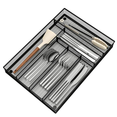 Sedegn Silverware Organizer Metal Mesh, Large Drawer Organizer, Utensil Cutlery Tray for kitchen drawers, Flatware Organizer with 6 Compartment, Black (11.3”*16“) - color: Black, size: 11.3”*16"