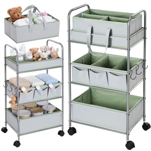 FoldTier 2in1 Colorful Baby Diaper Caddy Organizer Cart 3 Tier Large Capacity Metal Utility Bedside Rolling Cart with Divider for Newborn Nursery Essential Must Have Crib Bedroom Baby Shower(Green) - color: Green