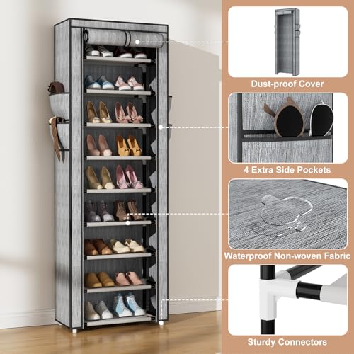VILICK Shoe Rack with Cover Narrow Shoe Rack Organizer with 4 Side Pockets 10 Tier Tall Shoe Storage Shoe Shelf Holds 18-22 Pairs Shoes and Boots Shoe Rack for Closet, Printing - color: Printing, size: 10 Tiers-17.7" Wide
