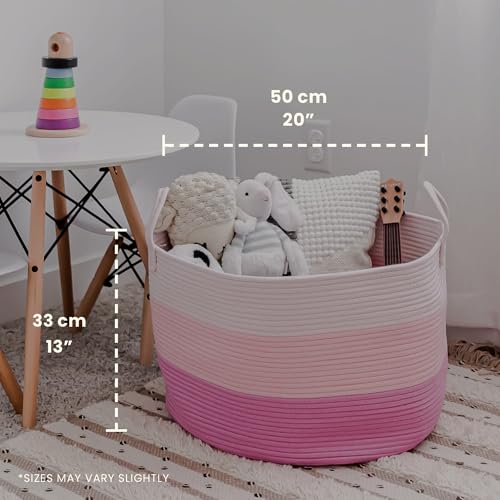 OrganiHaus Large Woven Storage Basket for Blankets and Toys 20" x 13" Inch, Rope Laundry Basket with Handles, Cushions & Pillows Storage Bin, Nursery Hamper, Soft Round Dog Toy Bin - Pink - color: 3-toned Pink, size: Wide