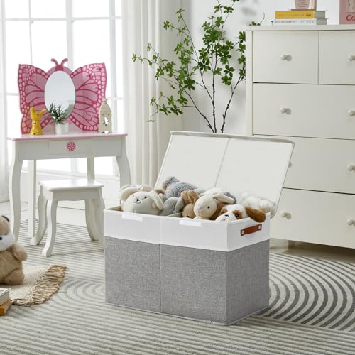 Bagnizer Large Toy Storage Box with Lids, Collapsible Sturdy Baby Storage Organizer Chest Bin Basket for Kids, Boys, Girls, Playroom, Nursery, Bedroom, Closet 25"x13"x16" (Gray and White) - color: Gray and White