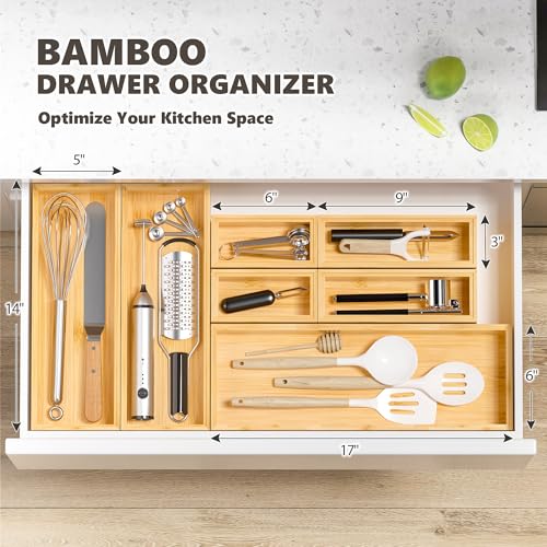 Kitchen Drawer Organizer Bins, Stackable Bamboo Deep Drawer Organizer for Silverware, Utensils, Cutlery, Flatware, Junk Drawer, Dresser, Bathroom, 14" x 5" x 2.5" (Set of 2) - color: Bamboo, size: 14 x 5 x 2.5 Inch