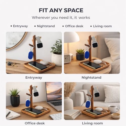 Acacia Wood Key Tray for Entryway Table, Wooden Catchall Organizer with Jewelry Storage Rack, Valet Tray for Keys Wallet Watches Sunglasses Rings(Square) - style: Square