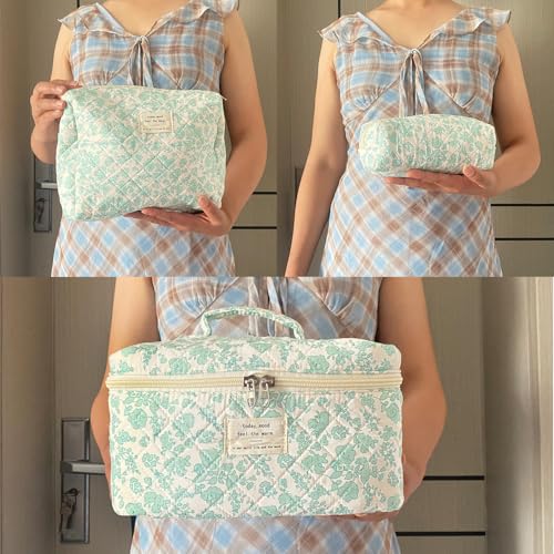 Green Large Quilted Floral Makeup Bag Set of 3 Cute Coquette Aesthetic Cosmetic Bag Set Travel Toiletry Bag for Women - color: B-3Pcs Green