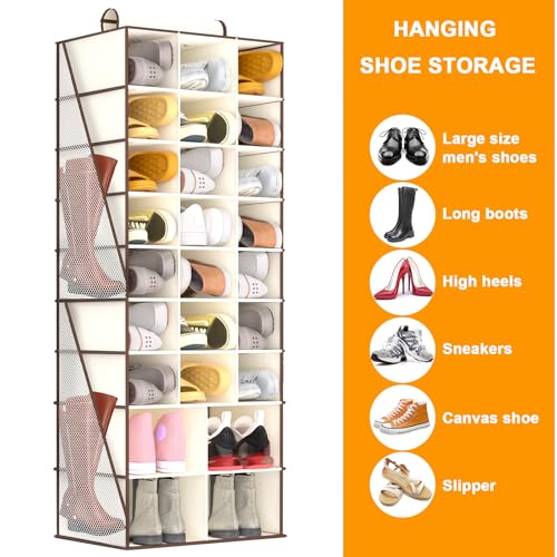 VERONLY Hanging Shoe Organizer for Closet-Collapsible Storage Rack with 25 Sections & 4 Side Pockets, Hanging Shoe Shelves for Hats,and Clothes, Beige - style: 3-Column Beige