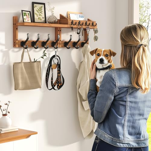 Evermagin 29" Coat Rack Wall Mount with Shelf, 4 in 1 Wall Mounted Coat and Key Hanger with 11 Hooks, Entryway Key Holder with Mail Holder for Living Room, Bedroom - color: Brown, size: 29 inch