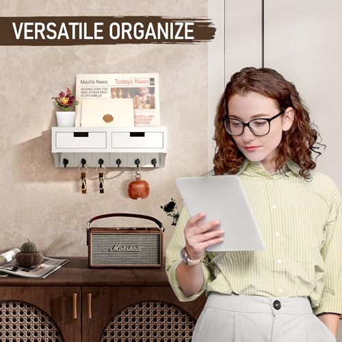 Rebee Vision Key Holder Wall Mount with Drawer Organizer: Mail Organizer with 6 Key Hooks & Dual Drawer Storage - Room Decor for Home and Apartment Essentials (Modern White) - color: White, style: 2-Drawer
