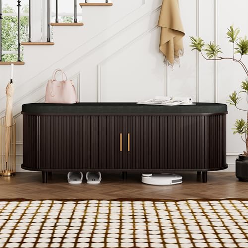 DHH 2-Tier Storage Bench,Wide Shoe Bench with Thickened Padded Seat Cushion, Mid Century Modern Fluted Sliding Door and Adjustable Shelf, for Entryway, Living Room, Bedroom (Dark Walnut, 51.2”) - color: Dark Walnut, size: 51.2 inch