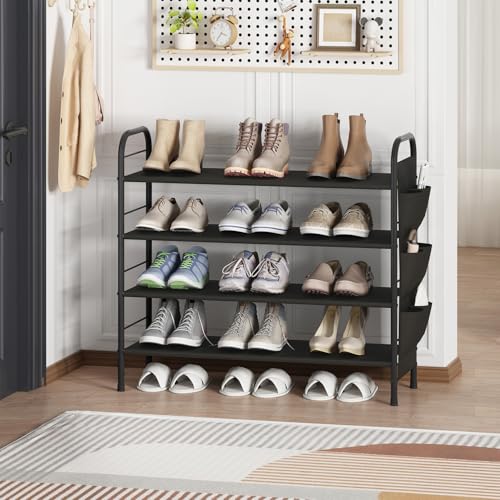 SUOERNUO Shoe Rack Storage Organizer 4 Tier Free Standing Metal Shoe Shelf Compact Shoe Organizer with Side Bag for Entryway Closet Bedroom,Black - color: Black, size: 4 Tier