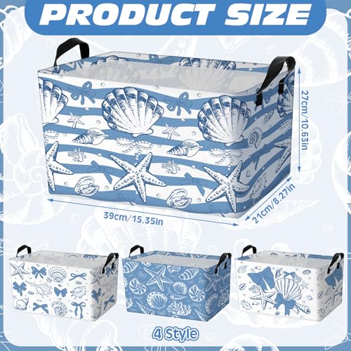4 Pcs Coastal Beach Storage Basket Fabric Laundry Baskets with Handle Summer Ocean Blue Bow Foldable Organizer Boxes for Office Home Bedroom Baby Cloth Toy Book 15 x 10 x 8 - style: Summer Shell