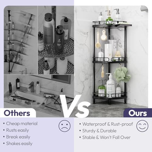 SWTYMIKI Corner Shower Caddy Standing - 3 Tier Rustproof Metal Shower Organizer Stand with Soap Holder and 4 Hooks, Freestanding Floor Shower Storage Stands for Bathroom, Black - color: Black-3 tier