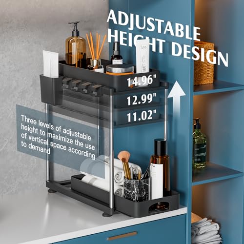 VERIFOST 2 Pack Under Sink Organizer, 2 Tier Under Sink Organizers and Storage for Kitchen Bathroom, Height Adjustable Cabinet Organizer with Two Slide-Out Drawers,Black - color: Black