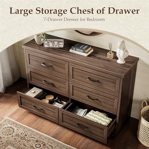 AODK Farmhouse 6 Drawer Dresser for Bedroom, 47” Wide Rustic Storage Dresser with Engineered Wood Frame, Anti-Tip Safety Chest, American Country Bedroom Furniture, Walnut - color: Walnut, size: 15.7"D x 47"W x 30.4"H (6 Drawers)