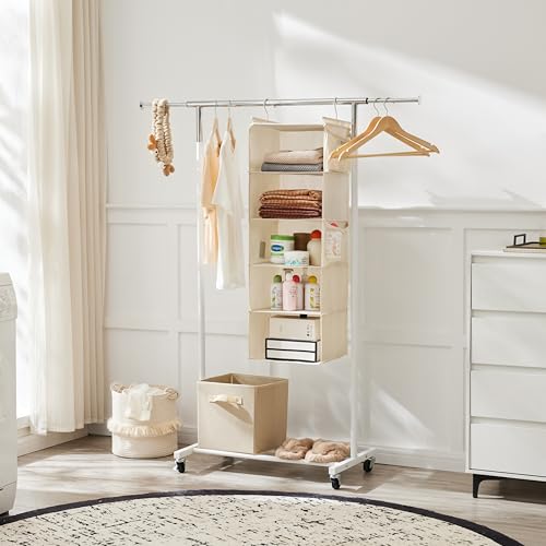 MAX Houser 5 Shelf Hanging Closet Organizer, Space Saver, Cloth Hanging Shelves with 4 Side Pockets, Foldable, Beige - color: Beige-6