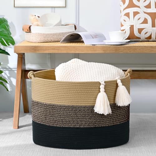 67L Large Blanket Basket, 20"x13" Woven Storage Baskets With Handle, Cotton Rope Blanket Basket Living Room, Baby Laundry hamper for Blanket, Nursery, Toy, Pillow (Brown & Black) - color: Brown & Black, size: 67L