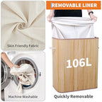 Bamboo Laundry Hamper Large 106L with Removable 4-Section Liner, Foldable Storage Basket with Lid and Handles for Bedroom, Laundry Room, Small Spaces – Natural - Rectangle - color: Natural - Rectangle