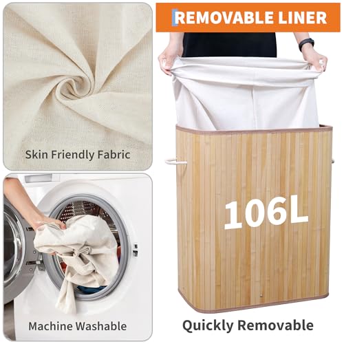 Bamboo Laundry Hamper Large 106L with Removable 4-Section Liner, Foldable Storage Basket with Lid and Handles for Bedroom, Laundry Room, Small Spaces – Natural - Rectangle - color: Natural - Rectangle
