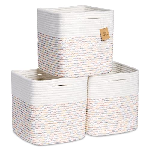 NaturalCozy Storage Cubes 11 Inch Cotton Rope Woven Baskets for Organizing, 3-Pack | Cube Storage Bin | Square Storage Baskets for Shelves Organizer, Classroom, Kids Toy Bins, Closet, Baby Nursery - color: Off White & Rainbow Stitching