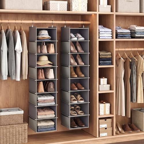 YOUDENOVA Upgraded Extra Wide Hanging Shoe Organizer for Closet, 8-Shelf Storage Organizer with 8 Side Pockets, Hanging Shoe Rack for Hats Clothes Jeans, Grey - color: Grey, size: 1 Pack