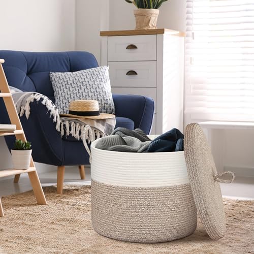 18" X18“ X 14" Large Storage Basket with Lid, Blanket Basket Living Room, Woven Cotton Rope Storage Box, Lidded Kids Dog Toy Bin, Wicker Laundry Basket, Blankets Pillows Organizer Holder - color: Brown/White