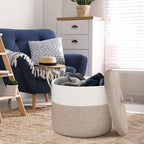 18" X18“ X 14" Large Storage Basket with Lid, Blanket Basket Living Room, Woven Cotton Rope Storage Box, Lidded Kids Dog Toy Bin, Wicker Laundry Basket, Blankets Pillows Organizer Holder - color: Brown/White