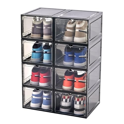 KEFA XL Shoe Storage Box, 8 PACK Shoe Boxes Clear Plastc Stackable Organizer, Clear Plastic Shoe Boxes Fit for US 15 (8 PACK BLACK) - color: GREY 8 PACK, size: 15 SIZE