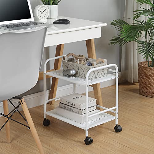 SunnyPoint 2-Tier Metal Rolling Utility Cart – Mobile Storage Shelf with Caster Wheels – Small Space Organizer for Home, Office, Bedroom, Kitchen (WHT) (Pack of 2) - color: Wht, size: 12" x 16.93" x 19.49" (Pack of 2)
