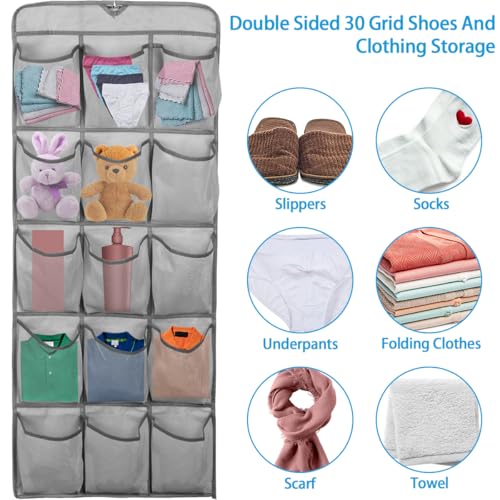 1Pc 30 Large Pockets Dual Sided Hanging Shoe Organizer for Closet Shoe Storage Shelves with 360 Rotating Hanger Space Saving Storage Bag Hanging Shoe Rack for Bedroom Laundry Room,Gray - color: Grey 1PC